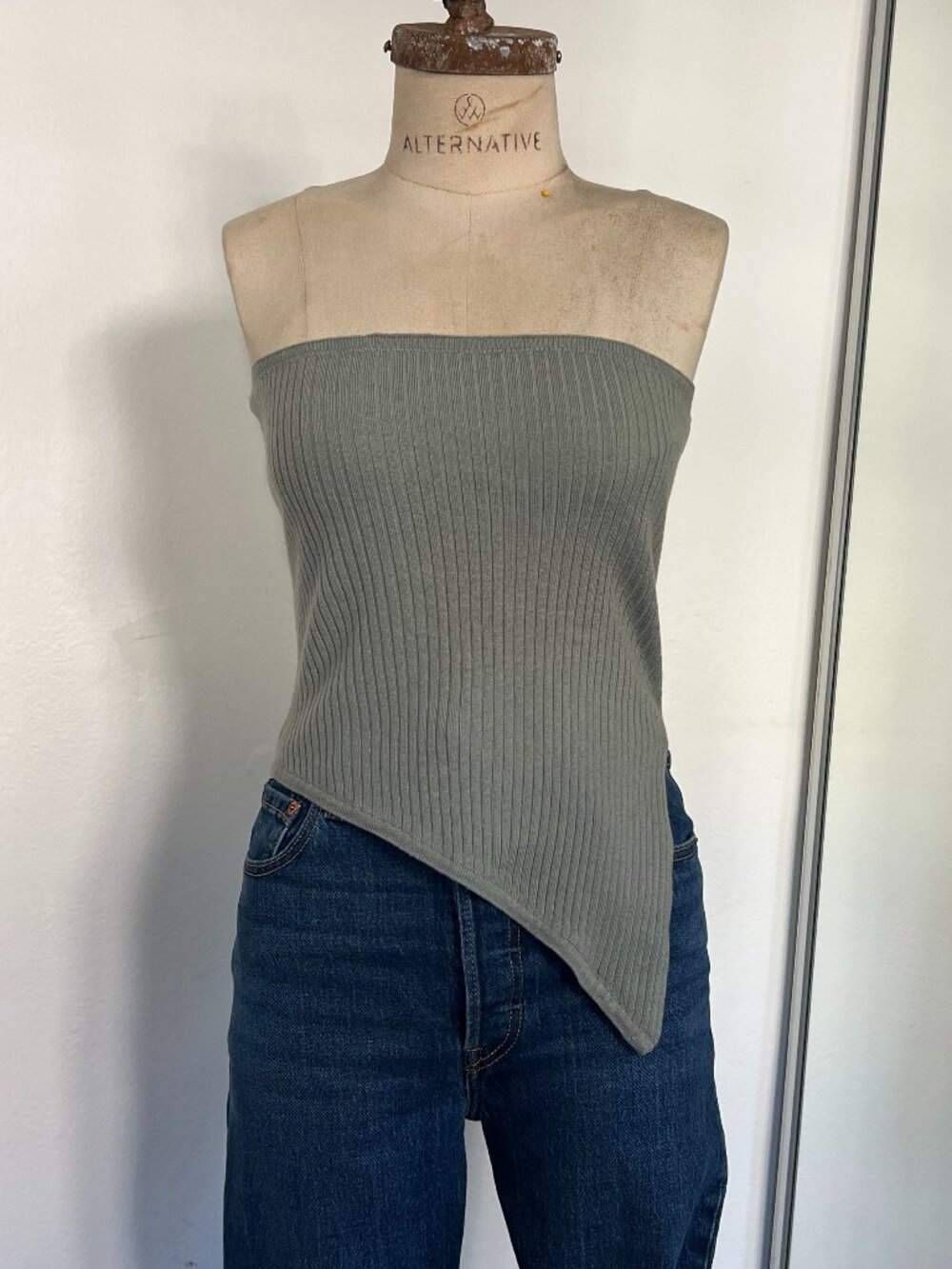 Heartloom | Knit Asymmetrical Strapless Top in Sage